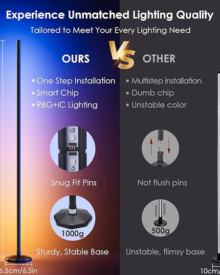 bedee LED Corner Floor Lamp: 64.5 Inch RGB Color Changing with Music Sync, Modern Standing Mood Lighting Remote & App Control, Creative DIY Mode Timing for Living Room Gaming - LeafyLoom