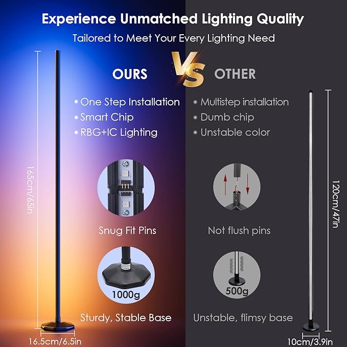 bedee LED Corner Floor Lamp: 64.5 Inch RGB Color Changing with Music Sync, Modern Standing Mood Lighting Remote & App Control, Creative DIY Mode Timing for Living Room Gaming - LeafyLoom