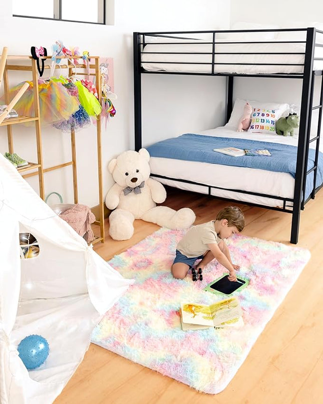Ophanie Machine Washable Upgrade 4x6 Rainbow Rugs for Bedroom, Fluffy Shaggy Soft Area Rug, Non-Slip Indoor Floor Carpet for Living Room, Kids Girls Boys Teen Dorm Home Decor Aesthetic, Nursery - LeafyLoom