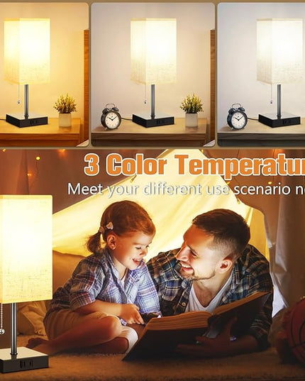 Table Lamp for Bedroom Set of 2, 3 Color Bedside Lamps with AC Outlets, Square Pull Chain Nightstand Lamp for Living Room, Office Desk, LED Bulb Included - LeafyLoom