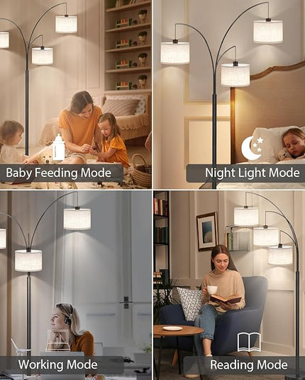 SUNMORY 3 Lights Floor Lamp with Remote Control and 3 Stepless Dimmable Bulbs, 78" Tall Standing Lamp with Hanging Drum Shade & Heavy Base, Modern Arc Floor Lamps for Living Room, Bedroom, Office - LeafyLoom