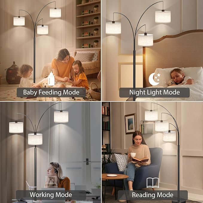 SUNMORY 3 Lights Floor Lamp with Remote Control and 3 Stepless Dimmable Bulbs, 78" Tall Standing Lamp with Hanging Drum Shade & Heavy Base, Modern Arc Floor Lamps for Living Room, Bedroom, Office - LeafyLoom