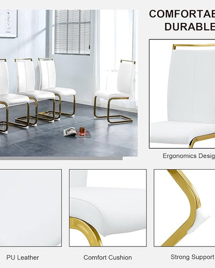 Modern Dining Chairs Set of 4,High Back White Kitchen Chairs,Faux Leather Side Chair with Gold Plated Metal Legs,Easy to Clean Upholstered Dining Chairs,Ideal for Living Room(Gold Leg) - LeafyLoom