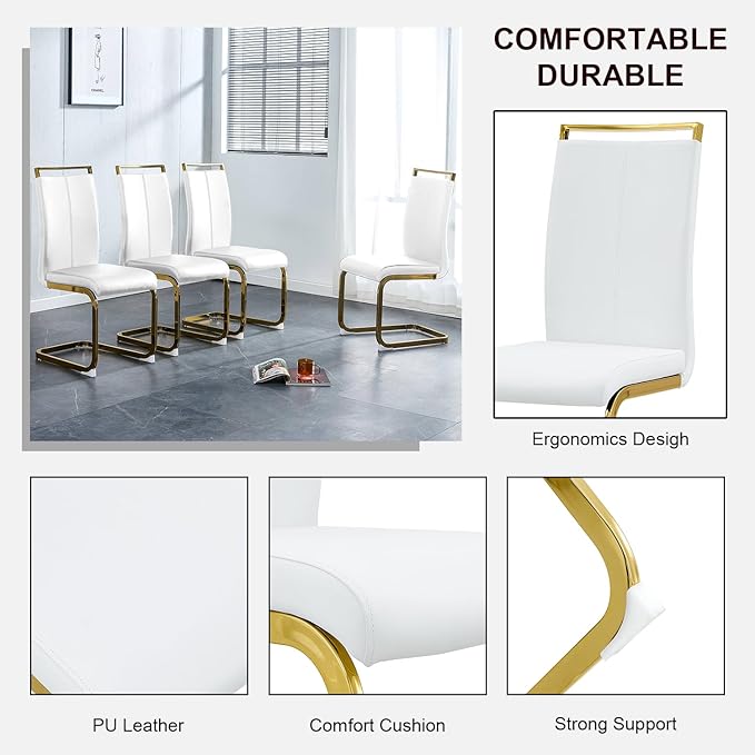 Modern Dining Chairs Set of 4,High Back White Kitchen Chairs,Faux Leather Side Chair with Gold Plated Metal Legs,Easy to Clean Upholstered Dining Chairs,Ideal for Living Room(Gold Leg) - LeafyLoom