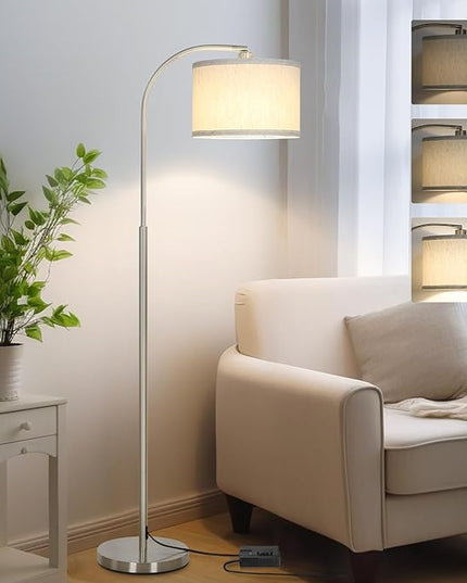 Boncoo Arc Floor Lamp, Dimmable Floor Lamp for Living Room, Silver Modern Standing Lamp with Adjustable Drum Shade, Tall Pole Lamp for Bedroom Study Room Office, 9W 3000K LED Bulb Included - LeafyLoom