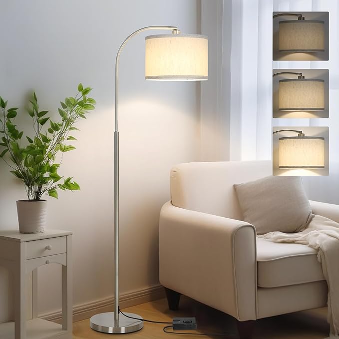 Boncoo Arc Floor Lamp, Dimmable Floor Lamp for Living Room, Silver Modern Standing Lamp with Adjustable Drum Shade, Tall Pole Lamp for Bedroom Study Room Office, 9W 3000K LED Bulb Included - LeafyLoom