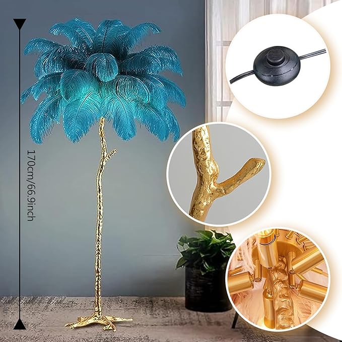 Ostrich Feather Floor Lamp, Modern LED Dimmable Standing Lamp, Romantic Princess Bedroom Reading Lamp, Tall Corner Lamp for Living Room, Dining Room and Office (Dark Green) - LeafyLoom