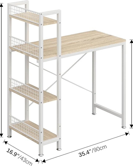 4NM 35" Small Computer Desk with 4-Tier Bookshelf and 8 Hooks, Home Office Desk Writing Workstation Study Table for Small Space Work - Natural and White - LeafyLoom