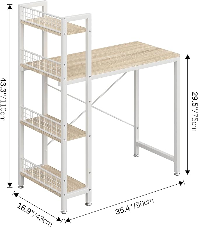 4NM 35" Small Computer Desk with 4-Tier Bookshelf and 8 Hooks, Home Office Desk Writing Workstation Study Table for Small Space Work - Natural and White - LeafyLoom