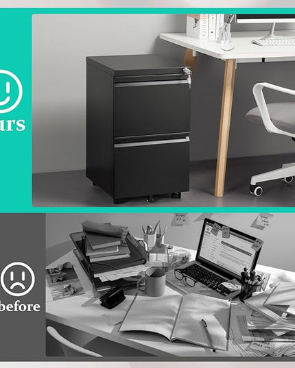 2-Drawer Mobile File Cabinets Rolling Metal Filing Cabinet for Legal & Letter File Anti-tilt Design with Lock Under Desk Office Drawers Fully Assembled Except Casters Black - LeafyLoom