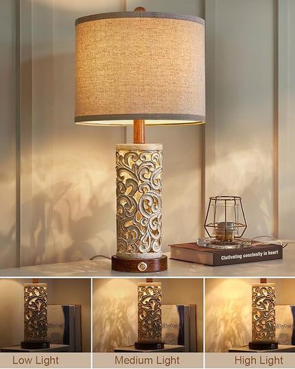 OYEARS 3-Way Dimmable 22'' USB A+C Touch Control Table Lamp with Nightlight for Living Room Bedroom Farmhouse Bedside Nightstand Lamps (Brown Bulb Included - LeafyLoom