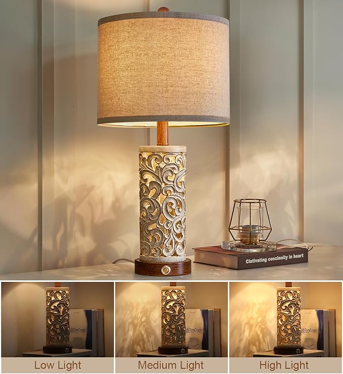 OYEARS 3-Way Dimmable 22'' USB A+C Touch Control Table Lamp with Nightlight for Living Room Bedroom Farmhouse Bedside Nightstand Lamps (Brown Bulb Included - LeafyLoom