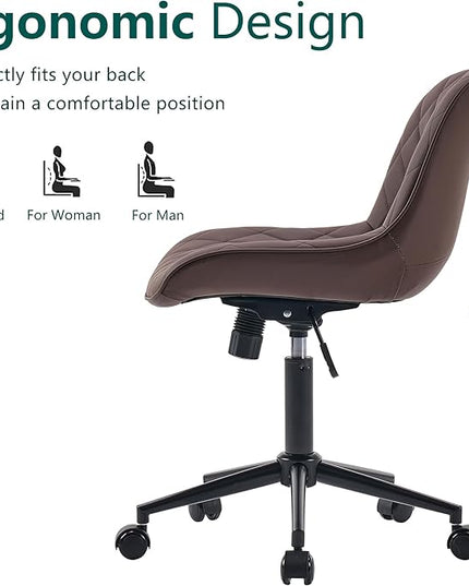 YOUNUOKE Office Chair Desk Chair with Wheels, Thick Upholstery Armless Computer Chair Task Chairs, Small Cute Home Office Desk Chair, Faux Leather Swivel Side Chair, Loads Up to 300LBS, Brown - LeafyLoom