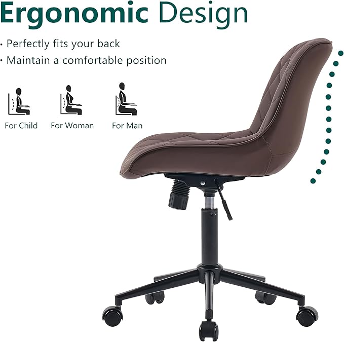 YOUNUOKE Office Chair Desk Chair with Wheels, Thick Upholstery Armless Computer Chair Task Chairs, Small Cute Home Office Desk Chair, Faux Leather Swivel Side Chair, Loads Up to 300LBS, Brown - LeafyLoom