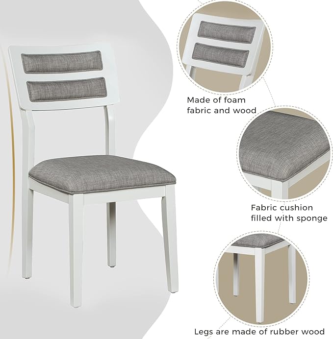Dining Table Set for 6, Classic and Traditional Style 6-Piece Dining Room Table Set with Backrest, Kitchen Table with 4 Upholstered Chairs & Bench, White+Gray - LeafyLoom