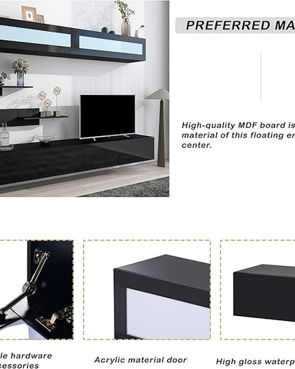 NicBex Wall Mount Floating TV Stand for 95+ Inch TV LED Entertainment Center Media Storage Console Table with 4 Media Storage Cabinets and 2 Shelves for Living Room,Bedroom, 95 Inch,Black - LeafyLoom