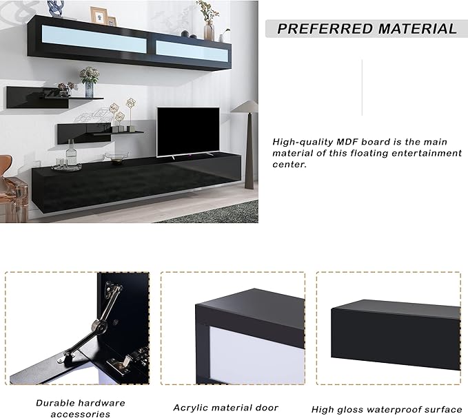 NicBex Wall Mount Floating TV Stand for 95+ Inch TV LED Entertainment Center Media Storage Console Table with 4 Media Storage Cabinets and 2 Shelves for Living Room,Bedroom, 95 Inch,Black - LeafyLoom