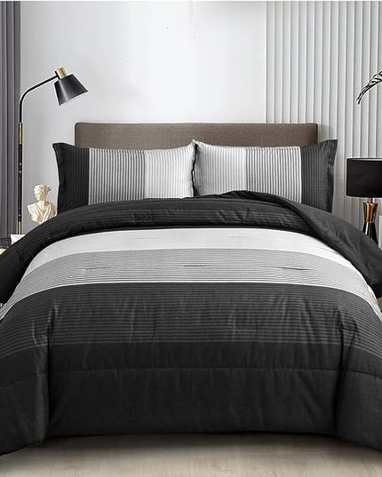 WONGS BEDDING Black Comforter Set King, Reversible Black Striped Down Alternative Comforter for King Bed,3 Pieces (1 Comforter+2 Pillowcases), Soft Microfiber Bedding Duvet Set 104”×90" - LeafyLoom