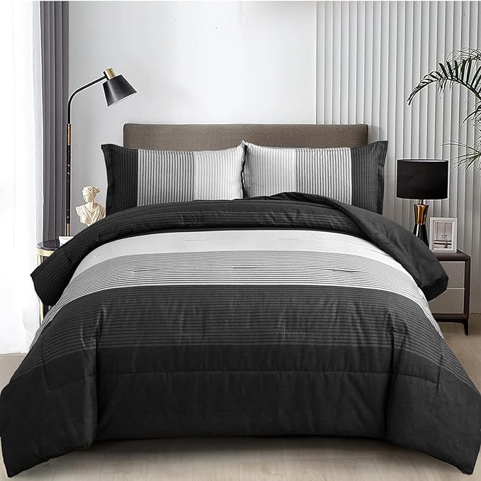 WONGS BEDDING Black Comforter Set King, Reversible Black Striped Down Alternative Comforter for King Bed,3 Pieces (1 Comforter+2 Pillowcases), Soft Microfiber Bedding Duvet Set 104”×90" - LeafyLoom