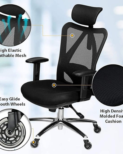 Duramont Ergonomic Office Chair - Adjustable Desk Chair with Lumbar Support and Rollerblade Wheels - High Back Chairs with Breathable Mesh - Thick Seat Cushion, Head, and Arm Rests - Reclines - LeafyLoom