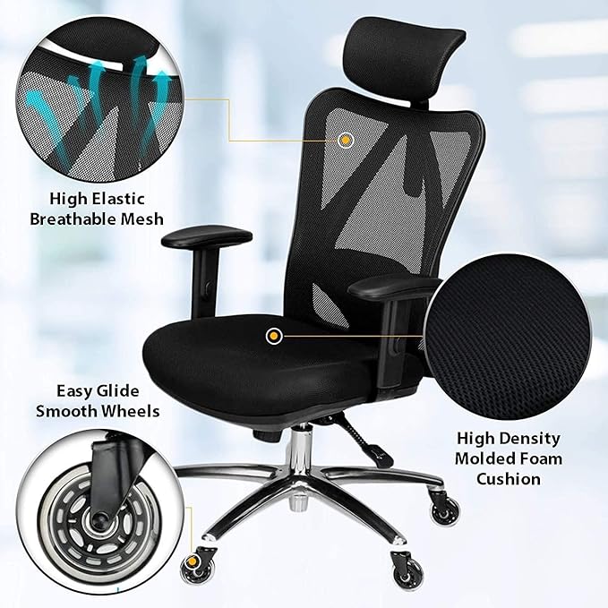 Duramont Ergonomic Office Chair - Adjustable Desk Chair with Lumbar Support and Rollerblade Wheels - High Back Chairs with Breathable Mesh - Thick Seat Cushion, Head, and Arm Rests - Reclines - LeafyLoom