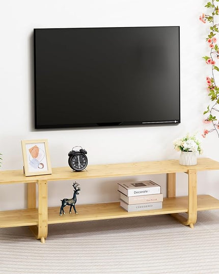 HollyHOME Bamboo TV Stand with Storage for TVs up to 65'', Modern Entertainment Center with 2 Open Shelf, Accent TV Media Console Table for Living Room, Bedroom, 55"(L), Burlywood - LeafyLoom