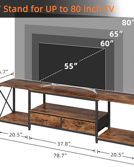 TV Stand with Fabric Drawers for 80 85 Inches TV - Entertainment Center and Industrial TV Console Table with Open Storage Shelves for Living Room, Bedroom- 79.1" Rustic Brown - LeafyLoom