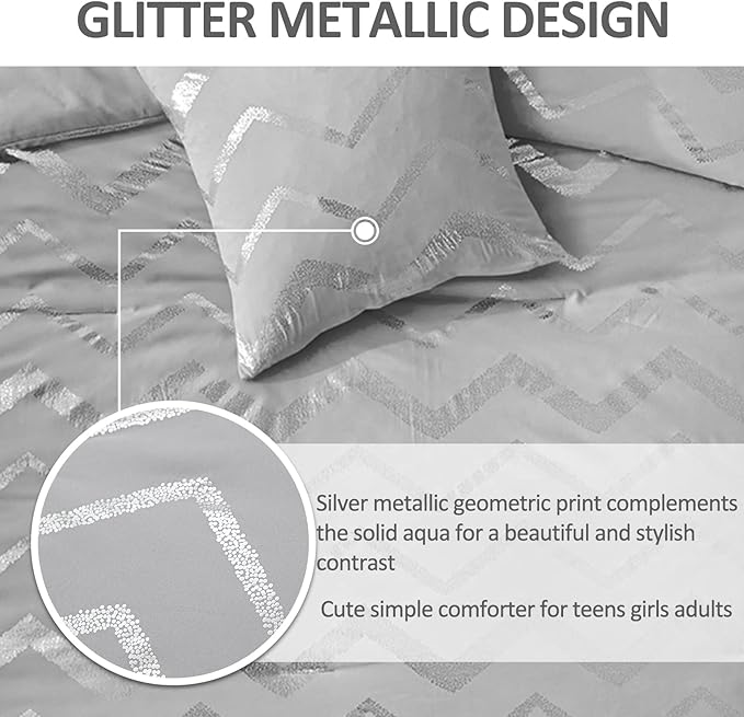 Grey and Silver Comforter Set Twin Size Metallic Print Geometric Bedding Set Lightweight Microfiber Comforter for Teen Girls Boys Women (1 Pillow Sham + 1 Decorative Pillow Sham) - LeafyLoom