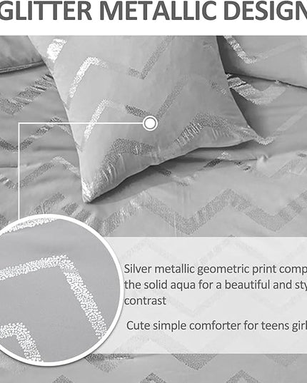 Grey and Silver Comforter Set King Size, Metallic Print Geometric Bedding Set, 4 Piece Lightweight Microfiber Comforter for Teen Girls Boys Women (2 Pillow Shams + 1 Decorative Pillow Sham) - LeafyLoom