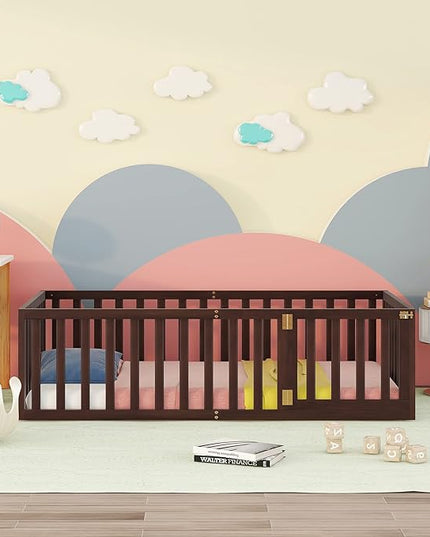 Multifunctional Twin Size Floor Bed with Safety Guardrails and Door, Montessori Sturdy Solid Wood Beds Frame, Easy Assembly and No Spring Need, for Boys and Girls Room, Walnut - LeafyLoom
