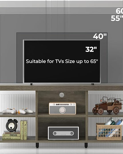 GreenForest TV Stand for TV up to 65 inches, Entertainment Center with 6 Storage Cabinet for Living Room, 55 inch Farmhouse Television Stands Console Table, Industrial TV stands for Living Room, Gray - LeafyLoom