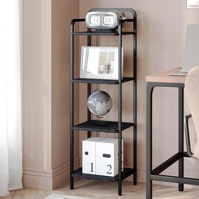 Bookcase Bookshelf, 4-Tier Narrow Book Shelf, Industrial Coner Shelf Storage Organizer, Slim Shelving Unit for Home Office, Living Room, Bedroom, Kitchen, Black BC24404B - LeafyLoom