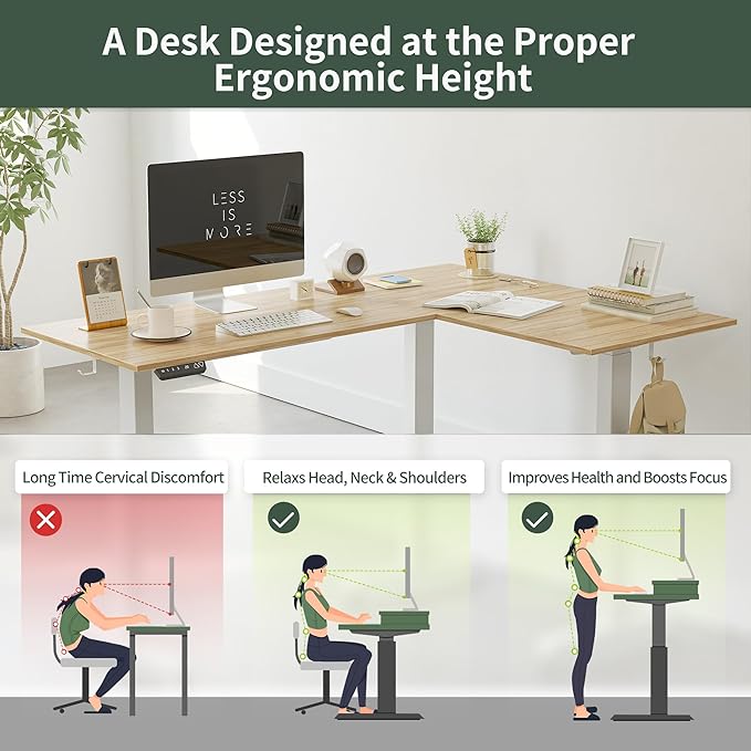 FEZIBO Triple Motor L-Shaped Electric Standing Desk, 63 Inches Height Adjustable Stand up Corner Desk, Sit Stand Workstation with Splice Board, White Frame/Natural Top - LeafyLoom