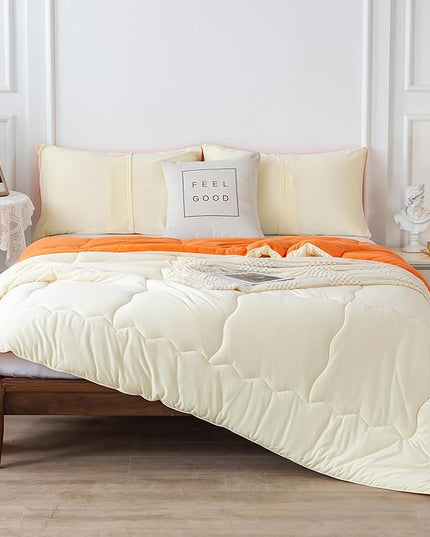 COTTEBED Reversible Ultra-Soft Bright Orange and Beige Comforter Set Queen, Jersey Knit T-Shirt Feel Bedding Blanket Down Conforters Sets & Pillowsham for Men Women All Season Use, Full/Queen Size Bed - LeafyLoom