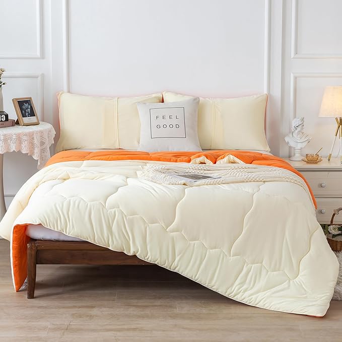 COTTEBED Reversible Softness Bright Orange and Beige King Size Comforter Set Clearance, Jersey Knit T-Shirt Feel California King Cozy Bedding Down Blanket Quilt & Pillowsham for Women Men All Season - LeafyLoom