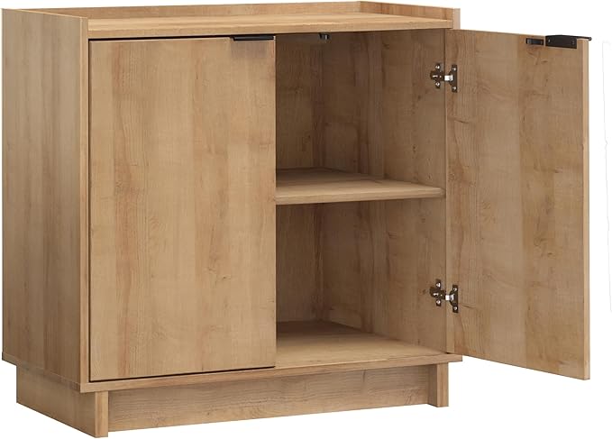 Prepac Simply Modern 2 Console Table, White Doors and Shelves, Buffet Cabinet with Storage, 30.75" W x 30" H x 16" D, Oak - LeafyLoom