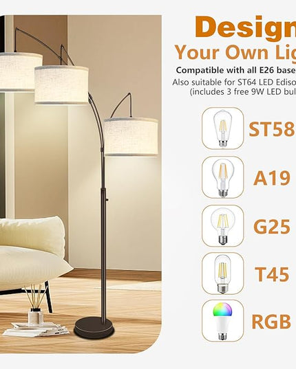 Arc Floor Lamps for Living Room,Modern Mid Century Tall Standing Floor Lamp with Heavy Base for Bedroom Office,3-Light Floor Lamp with Adjustable Hanging and 3 LED Bulbs (Brown+Beige Shade) - LeafyLoom