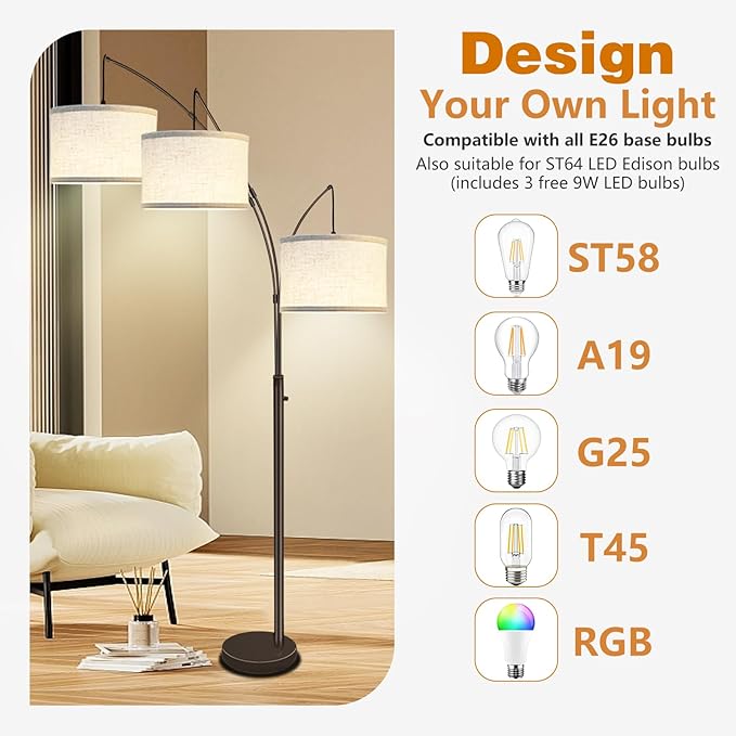 Arc Floor Lamps for Living Room,Modern Mid Century Tall Standing Floor Lamp with Heavy Base for Bedroom Office,3-Light Floor Lamp with Adjustable Hanging and 3 LED Bulbs (Brown+Beige Shade) - LeafyLoom