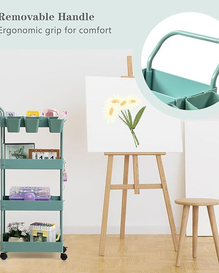 danpinera Slim Storage Cart on Wheels, 4 Tier Narrow Laundry Cart with Hooks Hanging Cups Dividers Mobile Rolling Lash Cart with Handle for Bathroom Small Spaces, Green - LeafyLoom