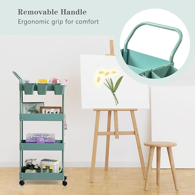 danpinera Slim Storage Cart on Wheels, 4 Tier Narrow Laundry Cart with Hooks Hanging Cups Dividers Mobile Rolling Lash Cart with Handle for Bathroom Small Spaces, Green - LeafyLoom