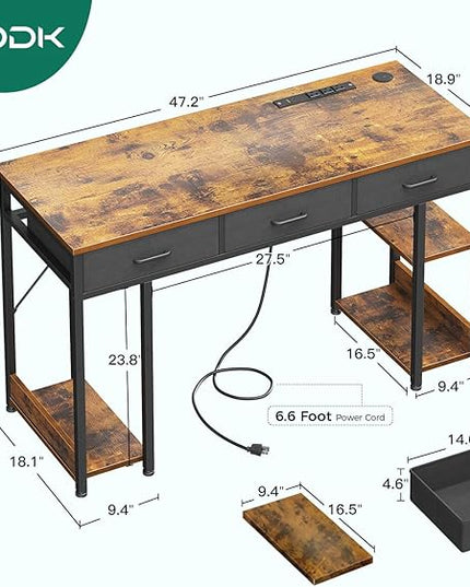 AODK 48 Inch Office Desk with Fabric Drawers & Power Outlets, Computer Desk with Storage Shelves & CPU Stand, Writing Study Table, Small Desk for Bedroom, Vintage - LeafyLoom