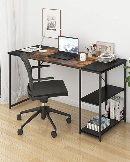 FurnitureR Computer 47.2 inch Rustic Student Laptop Writing Storage Shelves Space Saving, Simple Style PC Home Office Desk, L47.2 x W18.9 x H29.1, Black,Brown - LeafyLoom