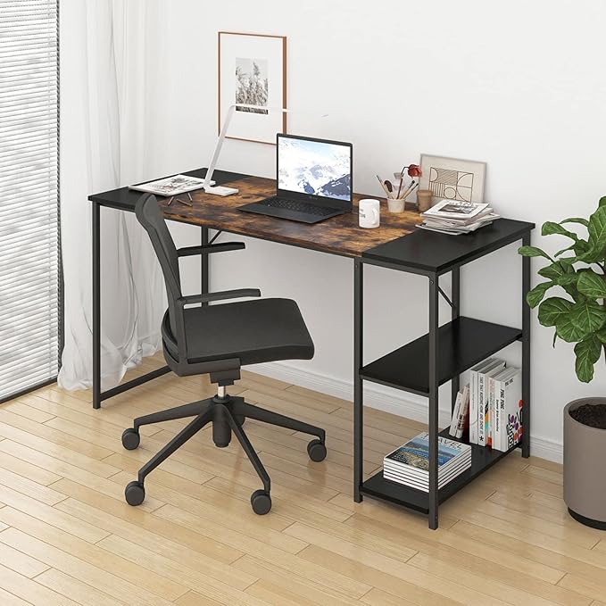 FurnitureR Computer 47.2 inch Rustic Student Laptop Writing Storage Shelves Space Saving, Simple Style PC Home Office Desk, L47.2 x W18.9 x H29.1, Black,Brown - LeafyLoom
