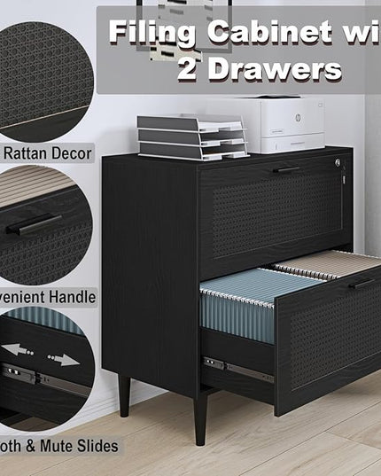 2 Drawer File Cabinet, Lateral File Cabinet with Lock, Rattan Wood Filing Organization Cabinet for Home Office, Black - LeafyLoom