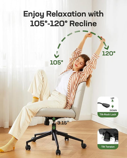Marsail Criss Cross Chair with Wheels: PU Leather Cross Legged Office Chair Wide Armless Desk Chair Swivel Height Adjustable Vanity Chair for Make Up,Small Space,Bed Room(Light Beige) - LeafyLoom