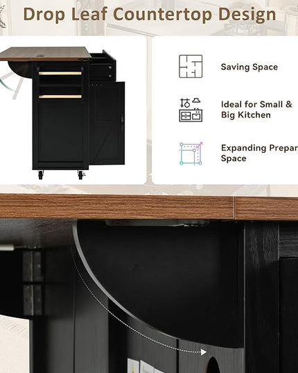 53.5'' Farmhouse Kitchen Island Cart with Power Outlet, Kitchen Island with Storage,Drop Leaf and Spice Rack, Rolling Kitchen Cart on Wheels for Home, Kitchen and Dining Room - LeafyLoom