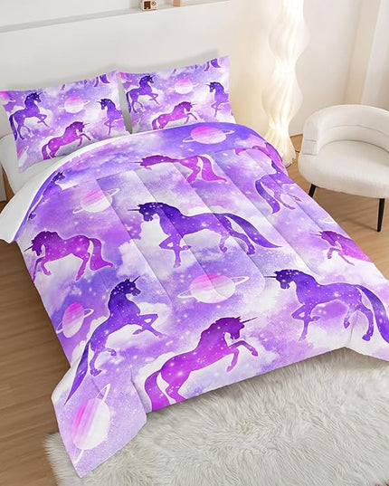 HOSIMA Purple Unicorn Bedding Sets for Girls Kids,3 Piece Soft Microfiber Galaxy Comforter Princess Crib Bedding Set Unicorn Bedroom Decor for Girls Room,Planet Cloud King Size Comforter Set. - LeafyLoom