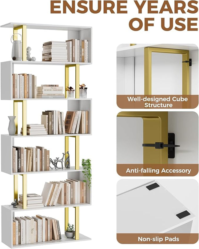 Gadroad 6-Tier Geometric Bookcase,S Shaped Bookshelf, Wood Decorative Storage Shelving, Modern Freestanding Display Shelves, Tall Book Shelf Unit for Living Room Bedroom - LeafyLoom