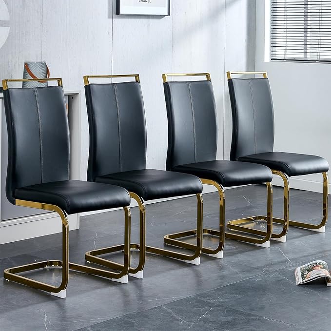 Modern Dining Chairs Set of 4,High Back Black Kitchen Chairs,Faux Leather Side Chair with Gold Plated Metal Legs,Easy to Clean Upholstered Dining Chairs,Ideal for Living Room(Gold Leg) - LeafyLoom
