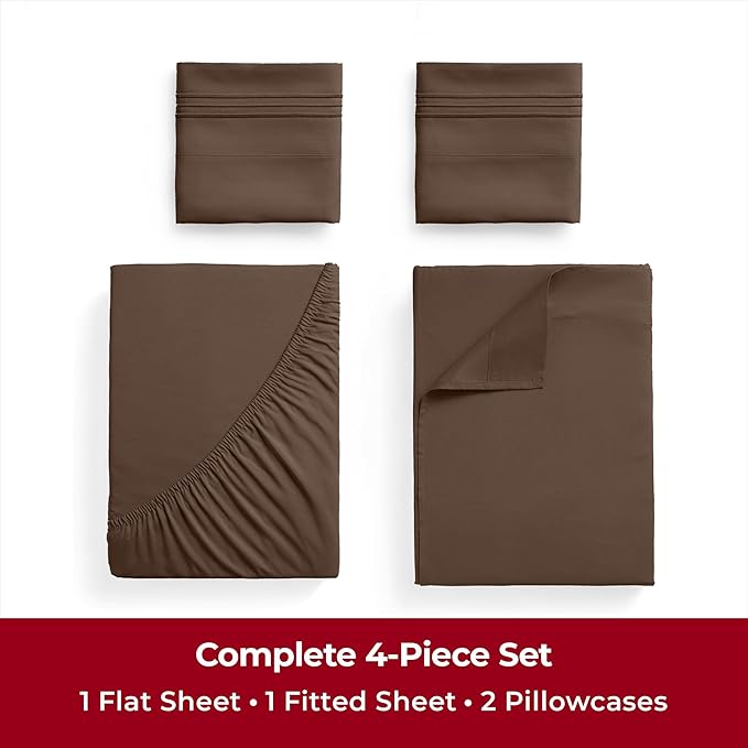 Mellanni Twin Sheets Set - 4 Piece Iconic Collection Bedding Sheets & Pillowcases - Luxury, Ultra Soft, Cooling Bed Sheets - Deep Pocket up to 16 inch - 4 PC (Twin, Brown w/Extra Pillow Case) - LeafyLoom